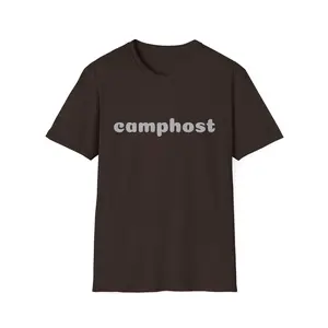 camphost T-Shirt | minimalist text logo, camping theme