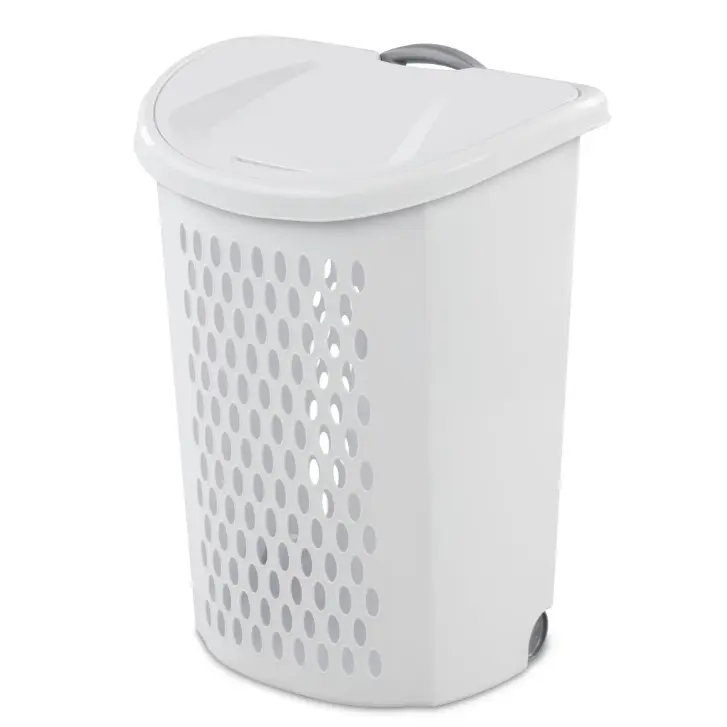 Ultra Wheeled Hamper Plastic Laundry Hamper with Handle for Easy Transport White with Perforated Design