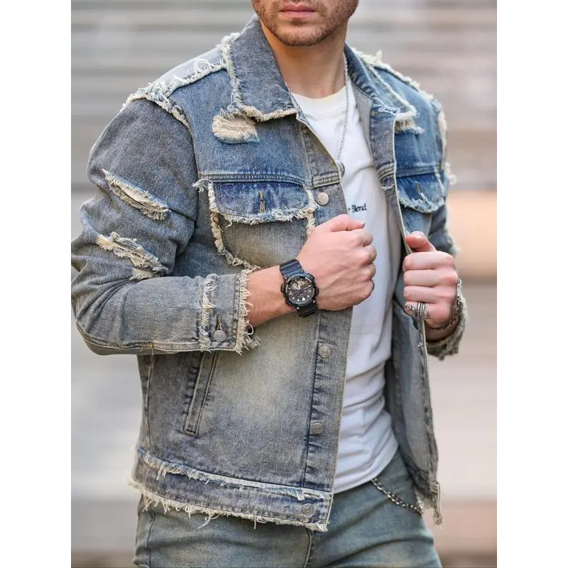 Men's Raw Wash Ripped Denim Jacket - Casual Button-Front Pocket Design, Raw Hem Jean Coat, Menswear Tops for Daily Wear, All-Season Fashion