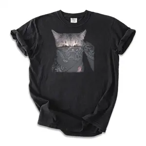OUTLAW CAT Women's Classic Ribbed Short-Sleeve Round Neck Oversized Distressed Tee - Unisex Vintage Breathable Cotton Casual Comfort Tops with Funny Graphics for Daily Wear 092707