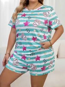 Women's Summer New Comfortable Casual Loose Knitted Pajama Set, Round Neck Short Sleeve Top and Shorts, Cartoon Print, Home Wear, Loungewear