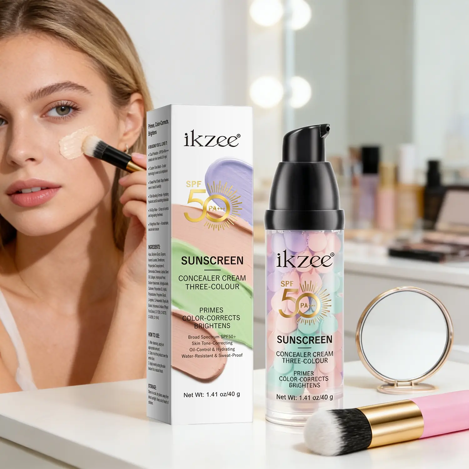 Ikzee Three-Color Sunscreen Concealer Primer & Makeup Brush Set, Beauty Two-Piece Kit, SPF 50+, Oil Control Moisturizing Waterproof Long-Lasting, Facial Makeup Set