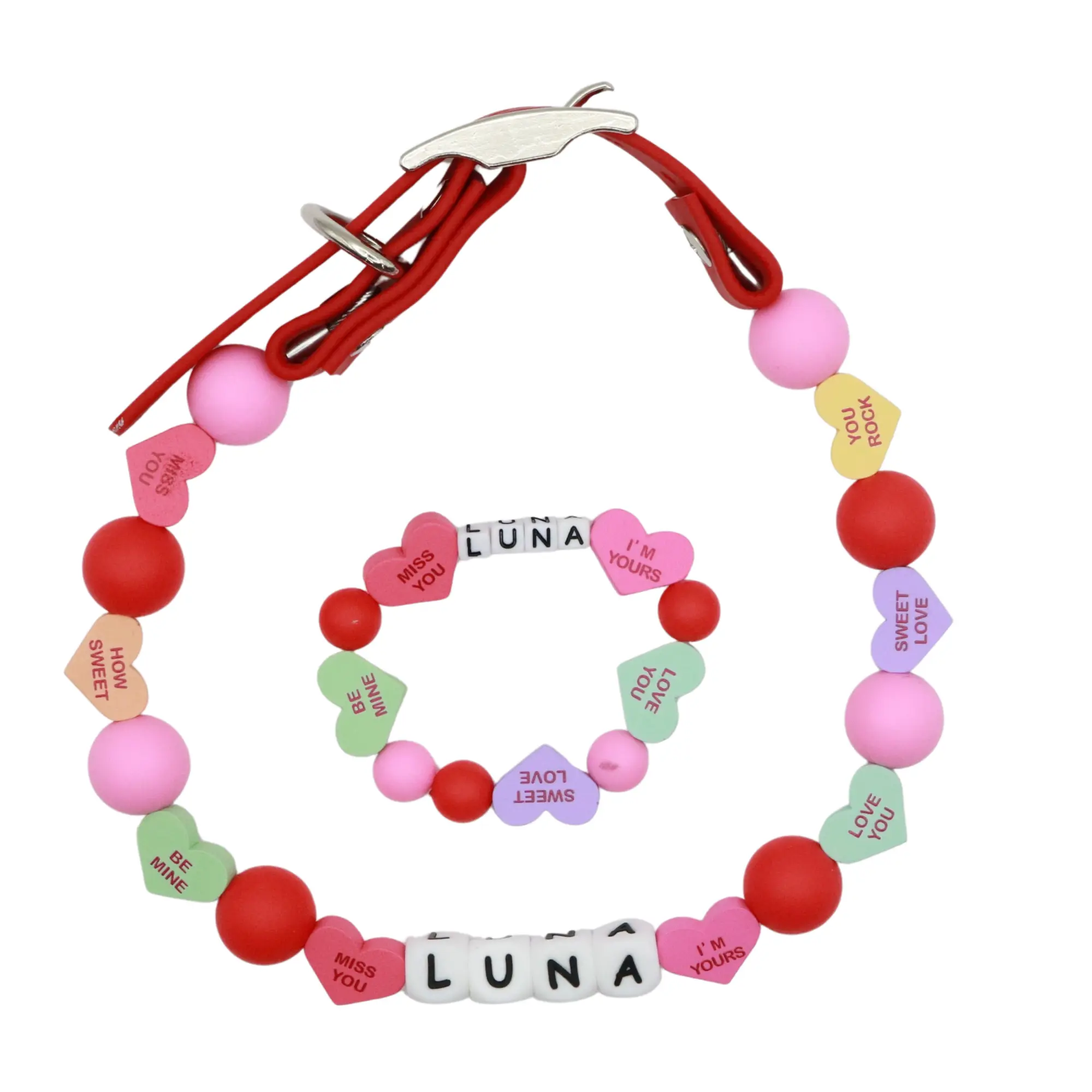Matching Custom Candy Valentines Day Beaded Dog Collar and Bracelet -Adjustable