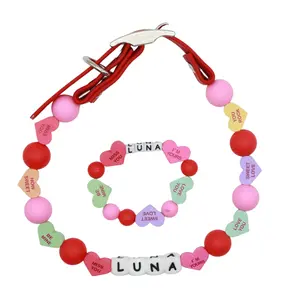 Matching Custom Candy Valentines Day Beaded Dog Collar and Bracelet -Adjustable