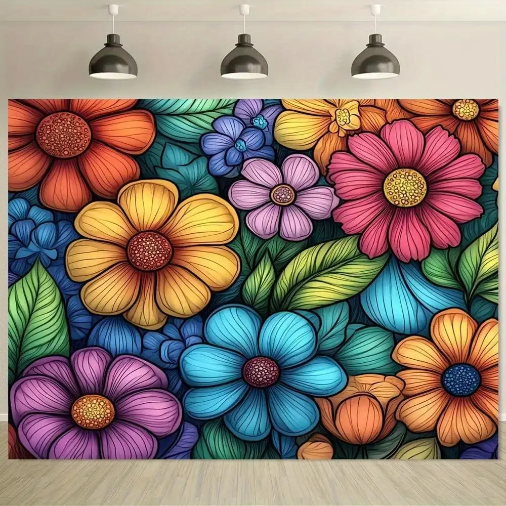 1pc Floral Print Polyester Linen Cloth Backdrop - Elegant Multi-Color (Orange,Pink,Blue,Purple,Green,Yellow,Teal) Photo Mat - Easy-Hang Room Wall Decor - Durable - No Electricity Needed - Multiple Sizes for Wedding,Party