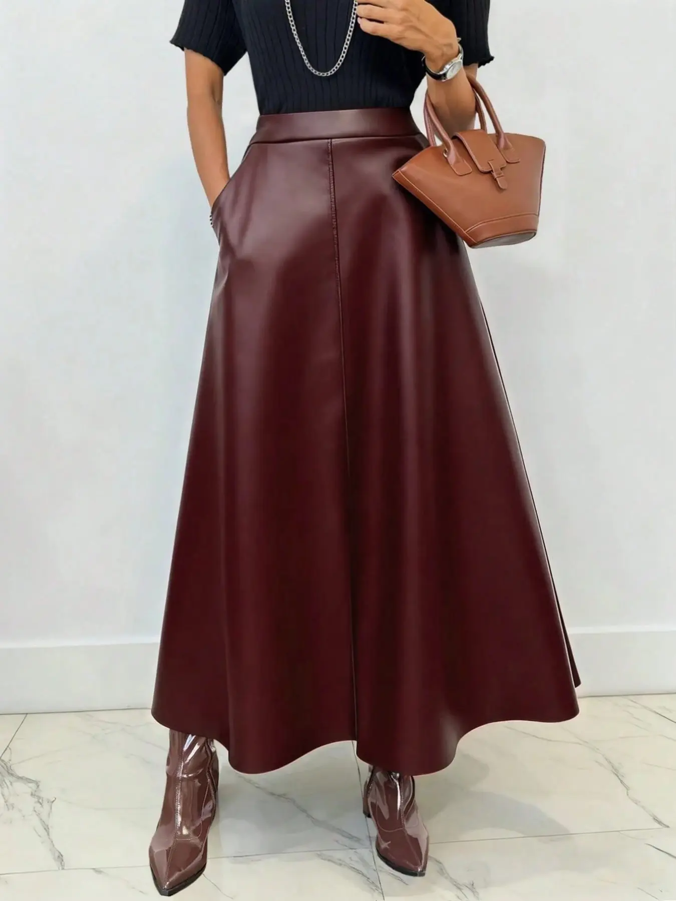 Women's High Waist PU Leather Drape Umbrella Skirt, Wide Hem A-Line Midi Dress, Casual Commuter Date, Elegant Half-Length Skirt, Womenswear, Elegant Fashion Skirt