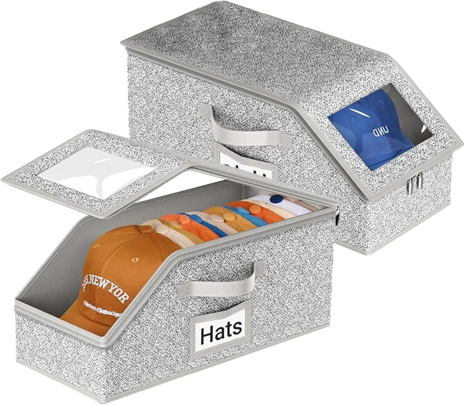 Transparent Stackable Baseball Cap Storage Box - Grey, High-Capacity Compact Home Organizer with Smooth Surface, Window Design, Value Multipurpose Fabric Closet Space-Saver for Men’s Snapbacks (Holds 24 Hats, Shop Details Included)