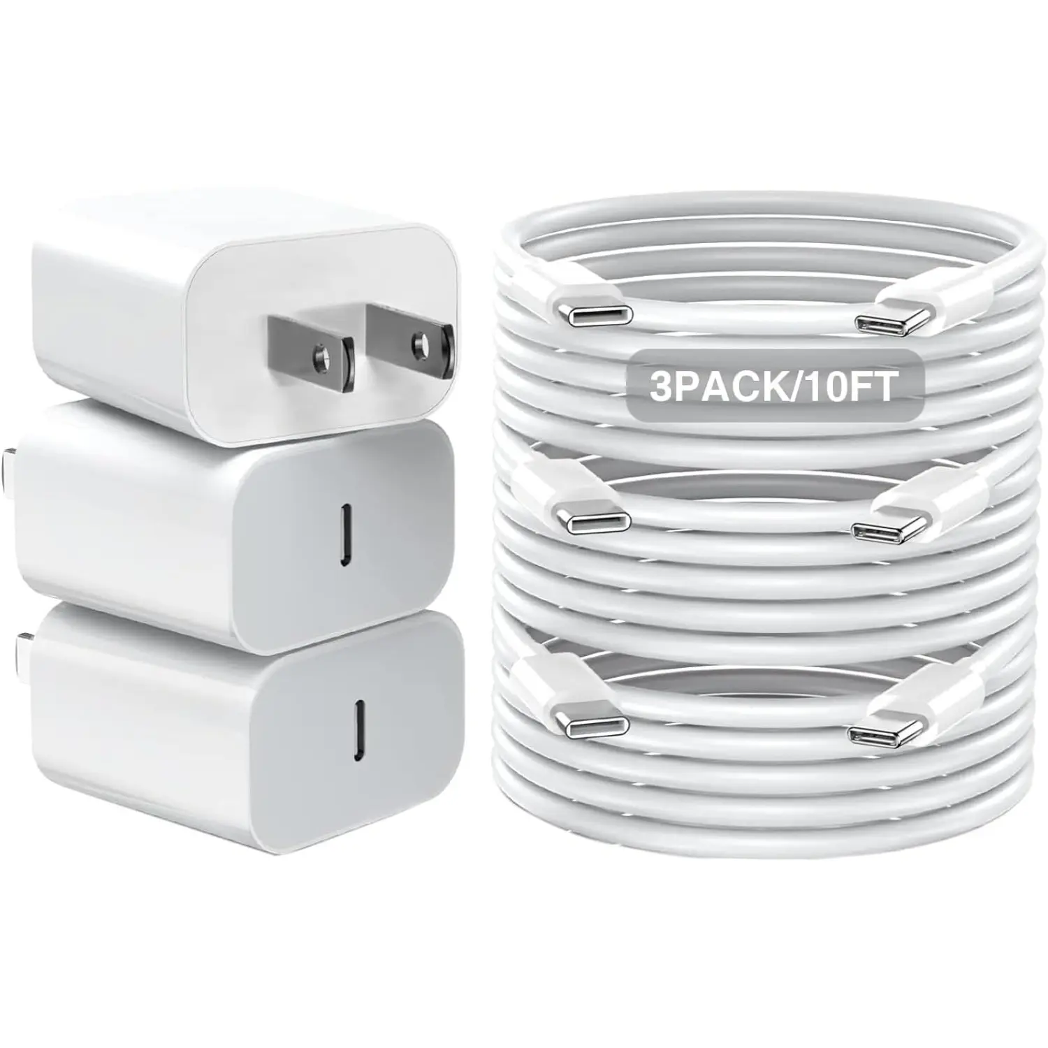 SANPRIO 3-Pack 20W USB-C Fast Wall Charger & 10FT Long USB C to C Charging Cable for iPhone 16/15 iPad Pro/Air/Mini MFi Certified - Smartphone