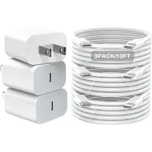 SANPRIO 3-Pack 20W USB-C Fast Wall Charger & 10FT Long USB C to C Charging Cable for iPhone 16/15 iPad Pro/Air/Mini MFi Certified - Smartphone