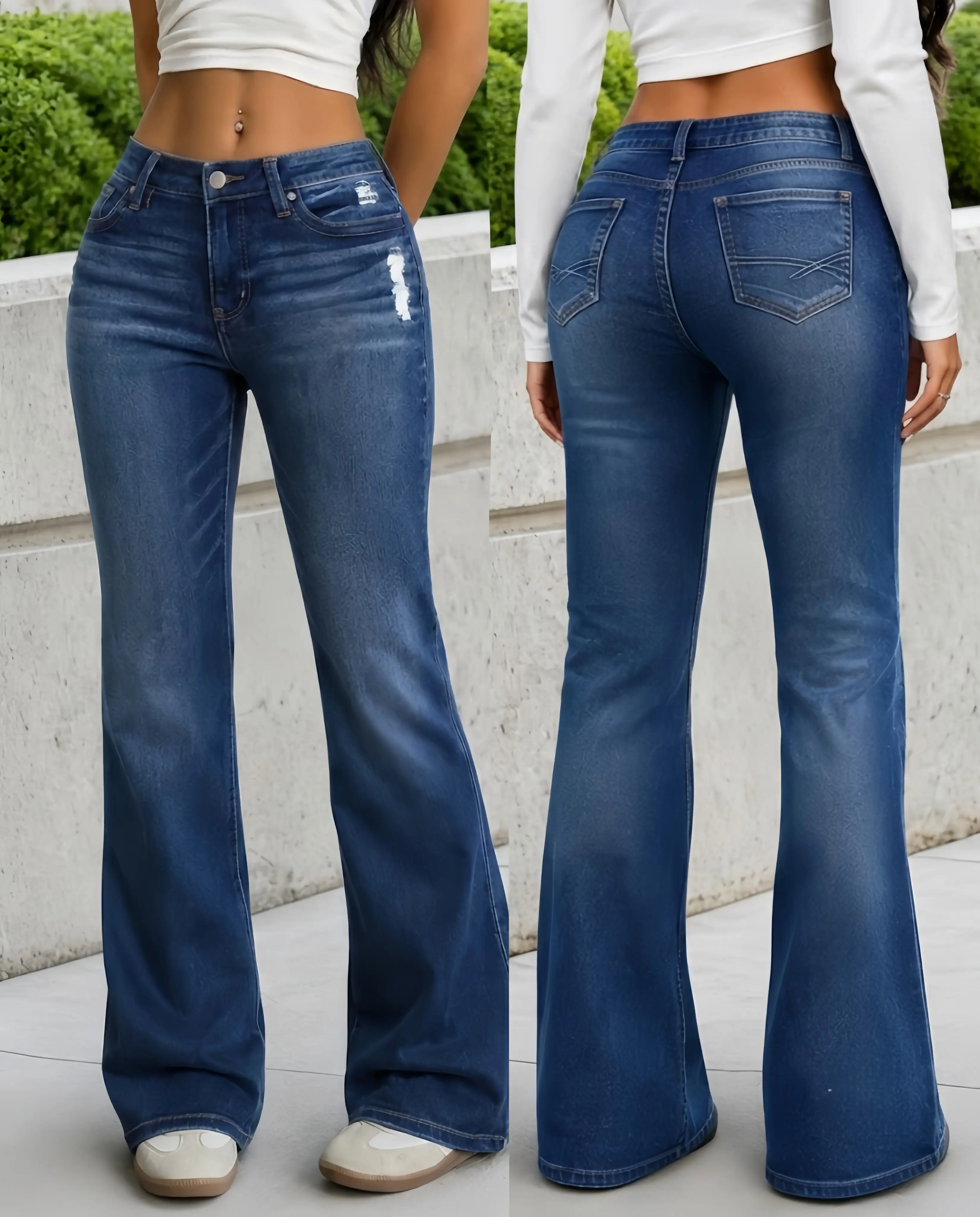 Womenswear Women's Mid-Waisted Stretch Straight Leg Jeans, Loose Fit Casual Denim Pants with Pockets