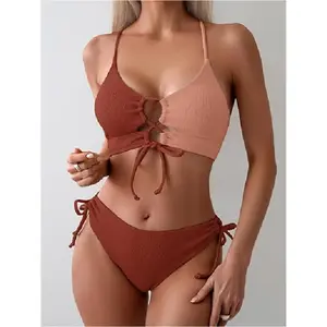 2026 New Women's Caramel and Nude Pink Two-Tone Textured Bikini Set (Trendy Textured Color Block) crystals bikini,spring glow,mesh top,chic design,mesh top,sport bra