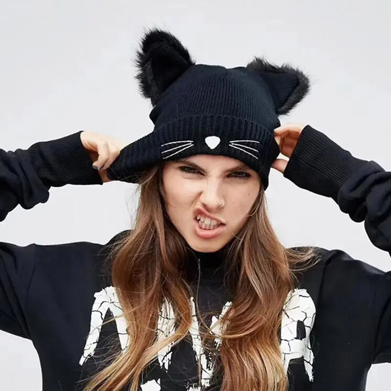 Unisex Embroidered Cartoon Animal Ears Knit Wool Beanie - Thermal Pullover Headwear for Fall Winter Cold Weather, Embroidered Headwear, Beanies, Knit Hat, Cartoon Embroidered Hats, Animals, Wool Knit