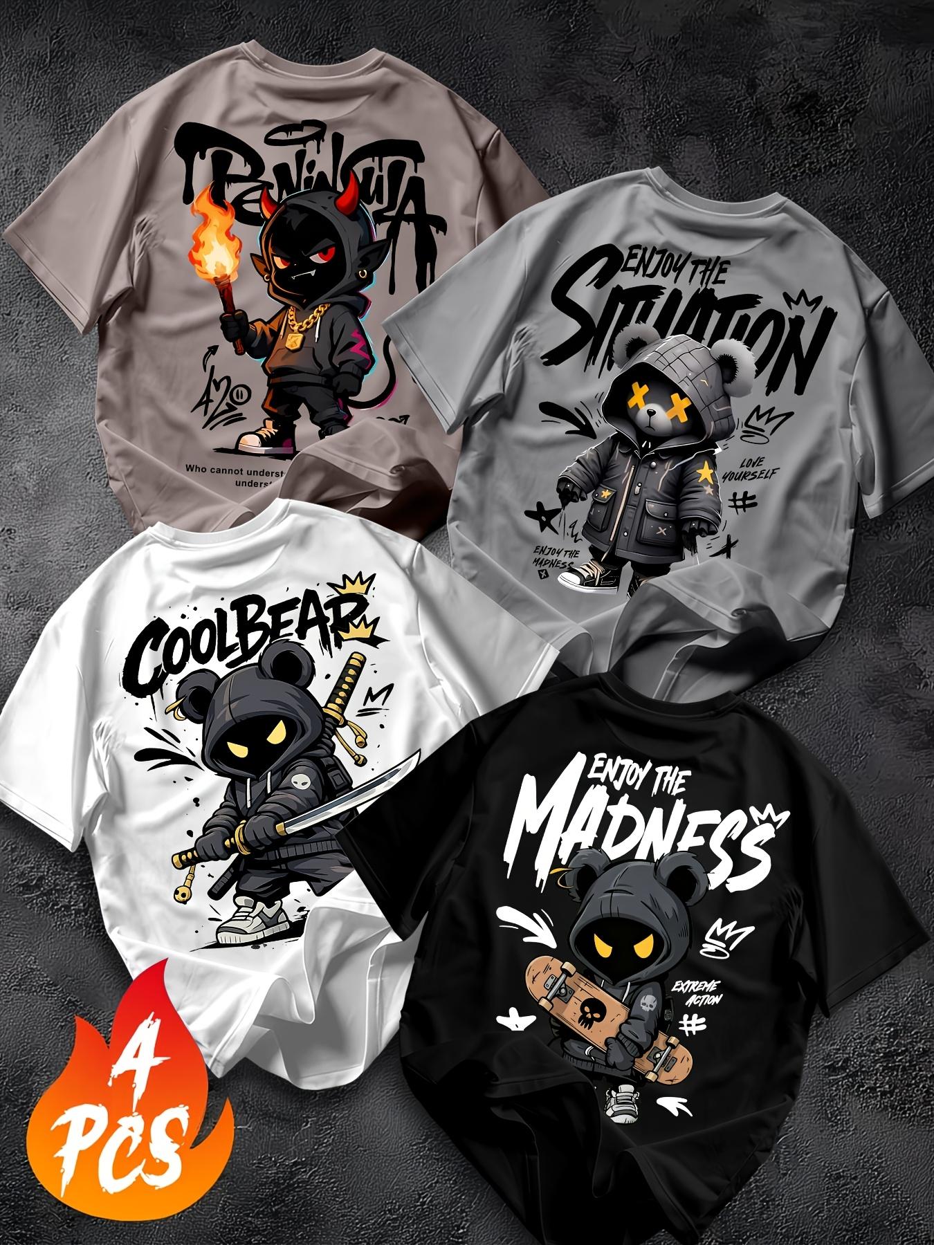 Men's 4-Pack Graphic T-Shirts - Menswear Regular Fit Shortsleeve Tops, Multi-Size Round Neck Artwork Tees for Summer, Outdoor Sports