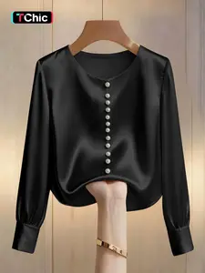 Women's Fashion Aesthetic Long Sleeve Top, Elegant Soft Satin Round Neck Blouse, Shirts, Casual & Formal Office Commute Wear, Slim-Fitting Fall, Womenswear, Lady, Basic