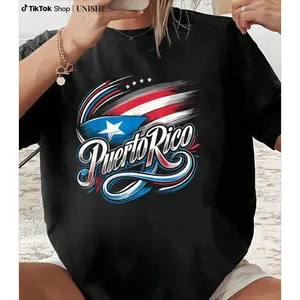 Heritage Month Cotton T-Shirt with Puerto Rico Flag Print, Casual Short Sleeve