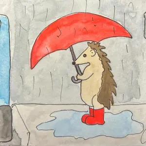 Rain - 5 by 7 Art Print Featuring Adorable Hedgehog with Red Umbrella and Boots Perfect for Rainy Days