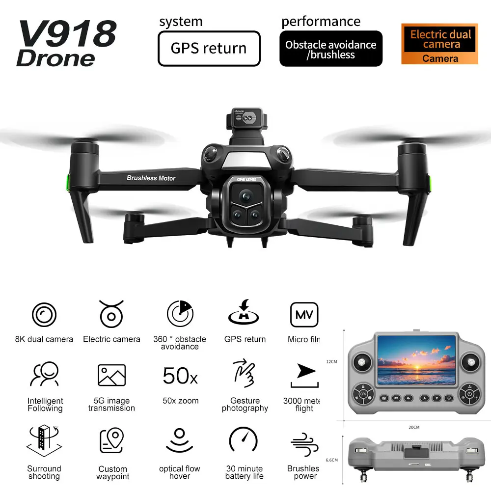 V918 MAX GPS Quadcopter Drone with Camera - Brushless Motor, Screen Controller, Optical Flow Hovering, Stable FPV Transmission, Foldable RC Drone for Amateurs, Christmas Gifts for Him (Phones & Electronics, Cameras & Photography Accessories)