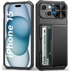 For Iphone 15, Iphone 14, Iphone 13 Wallet Case with Card Holder(4-5 Cards), Slide Camera Cover, Military Drop & RFID Protection, Heavy Duty Women Men Phone Case for Iphone 15/14/13, Black BXYJY