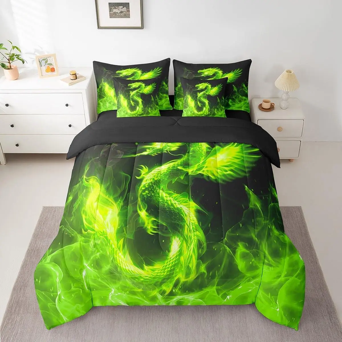 Dragon Bedding Set 7 Piece Fire Dragon Comforter Set with Sheets for Kids Boys Girls Decor Wild Animal Bed in a Bag Safari Theme Green