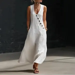 Women's Boho Maxi Dress Summer Beach Vacation Sleeveless V-Neck Sundress Button Down Casual Flowy Long Dress with Pockets Holiday Outfits