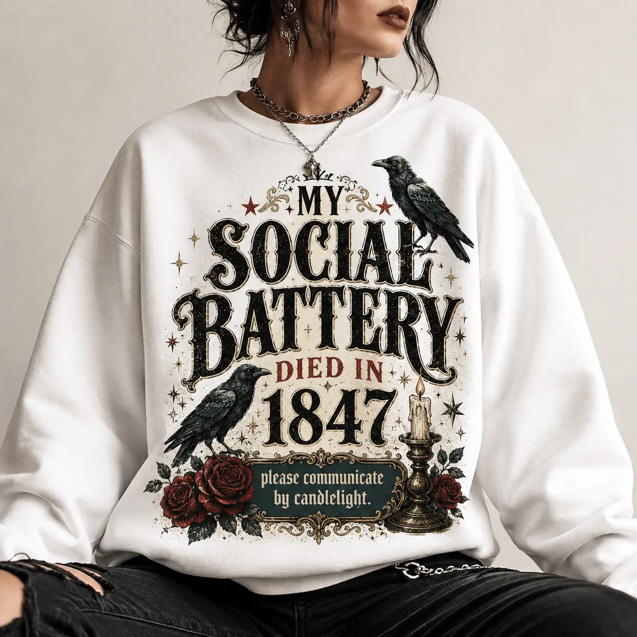 My Social Battery Died in 1847 Gothic Crow Crewneck Sweatshirt - Funny Introvert Candle Pullover - Retro Dark Academia Goth Sweater