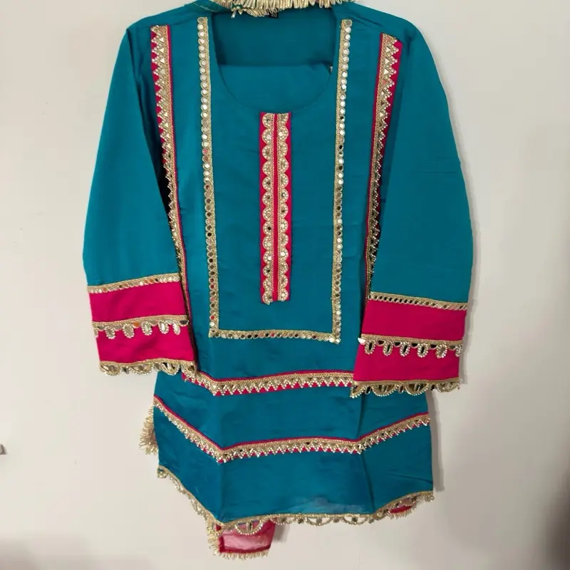 Mirror Lace Work Designer Piece in Teal with Pink Accents and Gold Embellishments