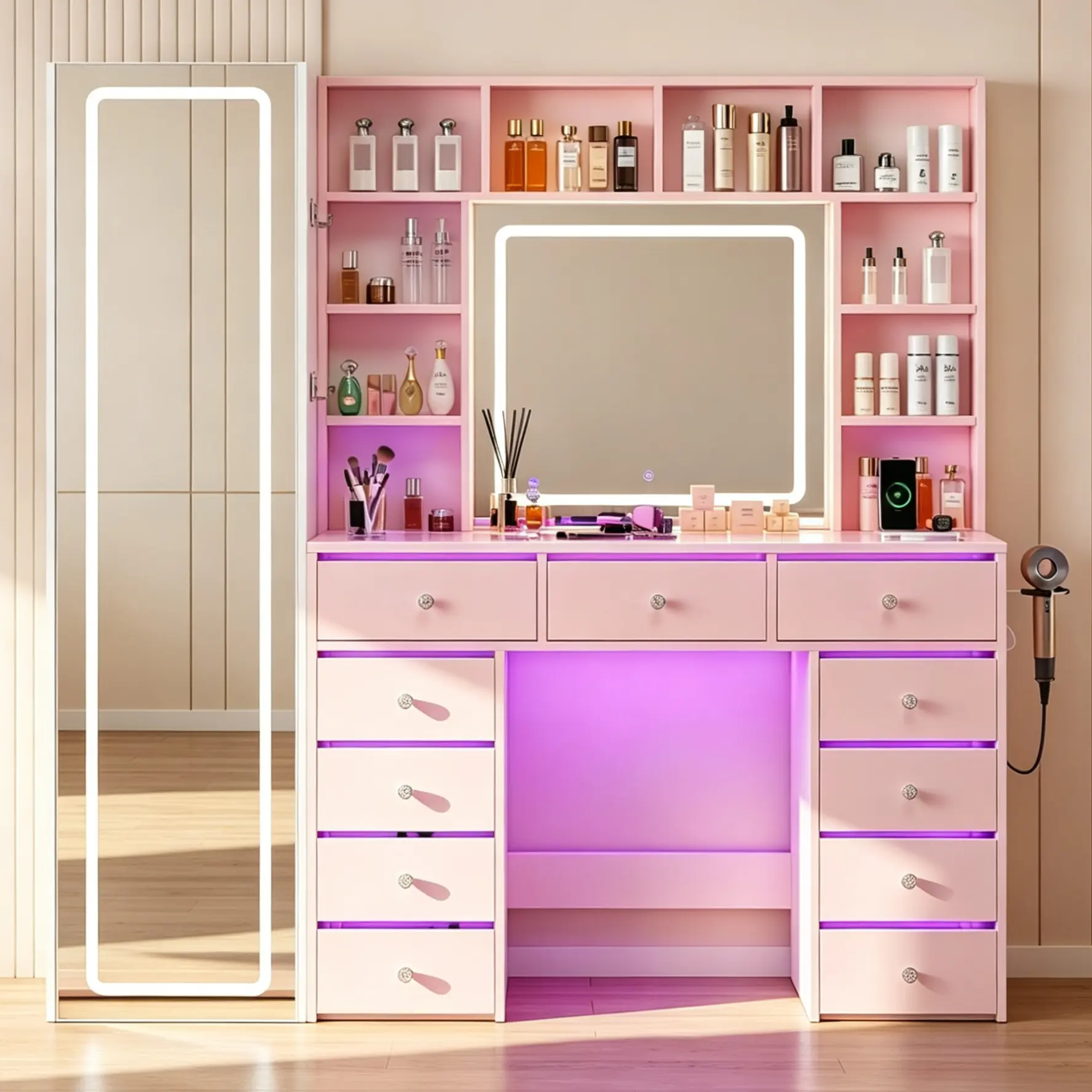 White Makeup Vanities with Lights & Storage, 10-Shelf RGB Lighting Makeup Station with Drawer Organizer & Charging Function, Large Lighted Vanity Table for Bedroom, Stable Base