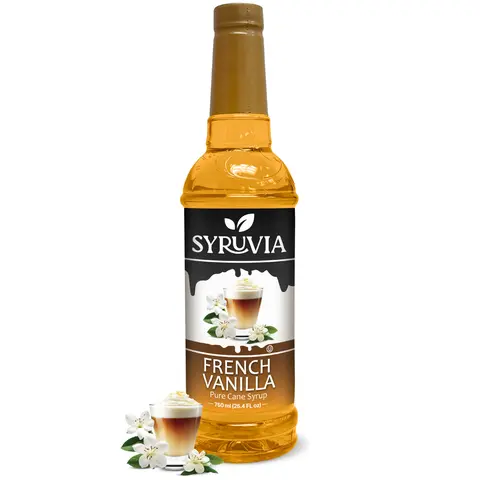 Syruvia Cane Sugar-Sweet French Vanilla Coffee Syrup - 25.4 fl oz Ambient Plastic Bottle, Premium Kosher Gluten-Free Beverage Flavoring for Coffee Lattes, Desserts, Elevates Lattes, Elevates Lattes & Lattes