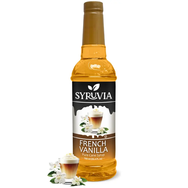 Syruvia Cane Sugar-Sweet French Vanilla Coffee Syrup - 25.4 fl oz Ambient Plastic Bottle, Premium Kosher Gluten-Free Beverage Flavoring for Coffee Lattes, Desserts, Elevates Lattes, Elevates Lattes & Lattes