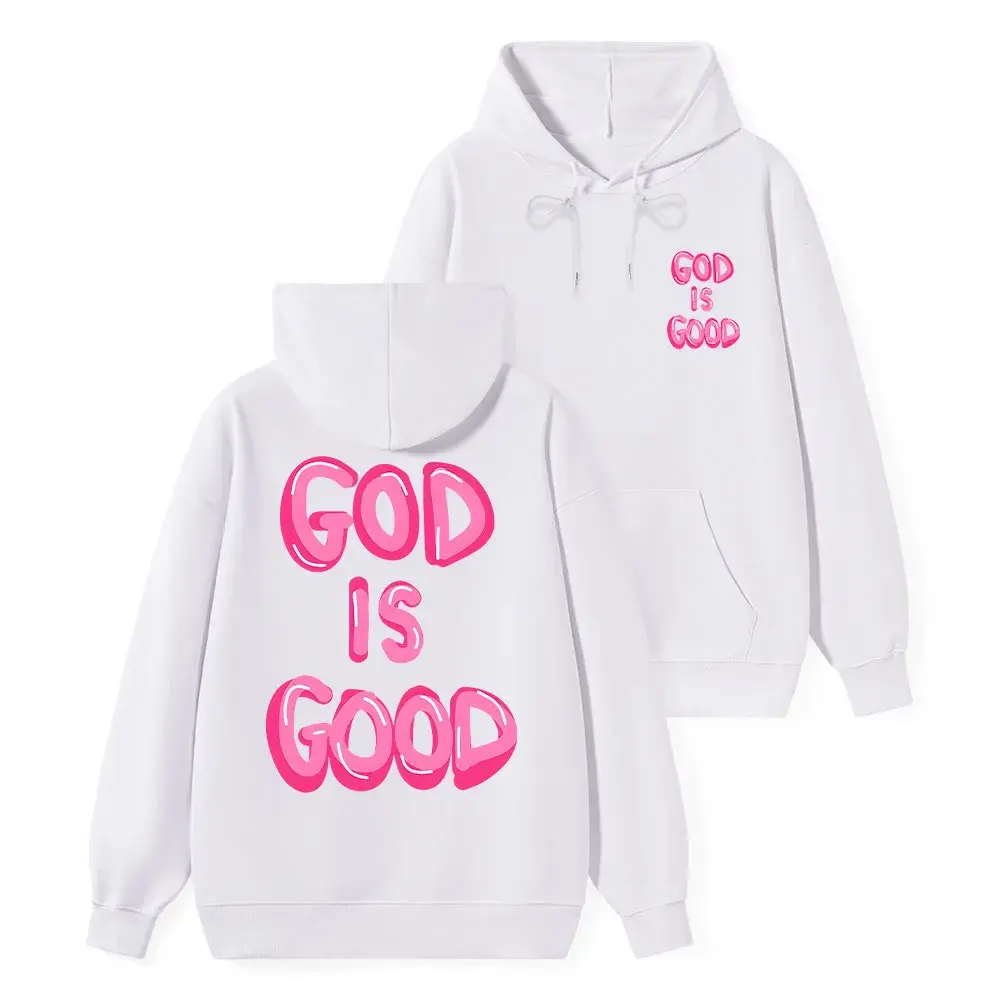 God Is Good Christian Hoodie Pink 3D Bubble Letter Double Sided Print Unisex Hooded Sweatshirt Cute Faith Graphic Hoodie “God Is Good” Front Back Bubble Text Oversized Pullover Hoodie