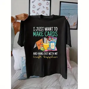 1pc Women'S Casual Crew Neck T-Shirt with Handmade Card Making Print, 100% Polyester Knit Fabric, Regular Length, All Seasons Top