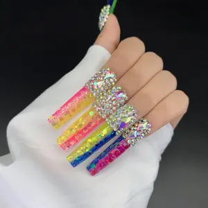 B30 Luxury Bling Rhinestone Press On Nails Colorful Glitter Long Acrylic Fake Nails Reusable Full Cover False Nails For Party Club Music Festival