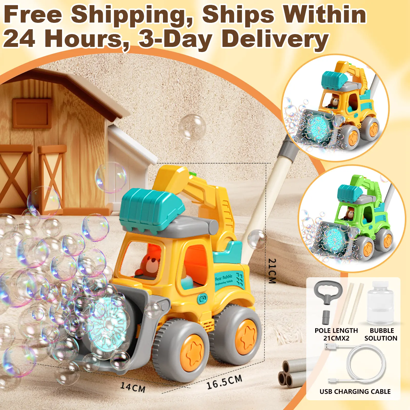 Electric Excavator Bubble Push Walker Toy, Automatic Rotating Bubble Blower Stroller with Colorful LED Lights, Adjustable Height Toddler Walk Along Bubble Machine, USB Rechargeable Outdoor Summer Play Toy for Kids