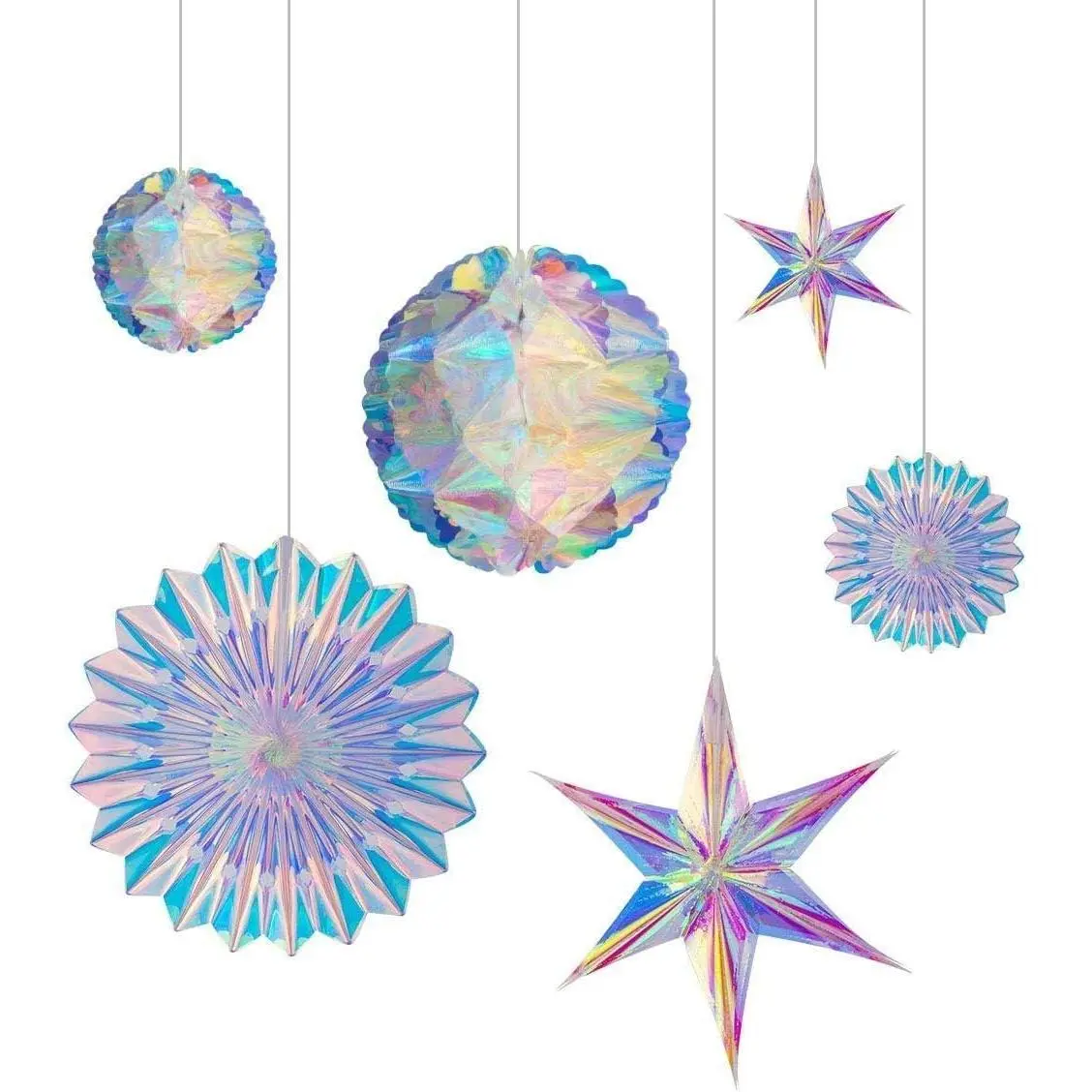 Iridescent Holographic Plastic Film Ceiling Hanging Ornaments - Fantasy, Glam, Reversible 3D-Shape Festive Decor for Birthday, Wedding Home & Party Supplies