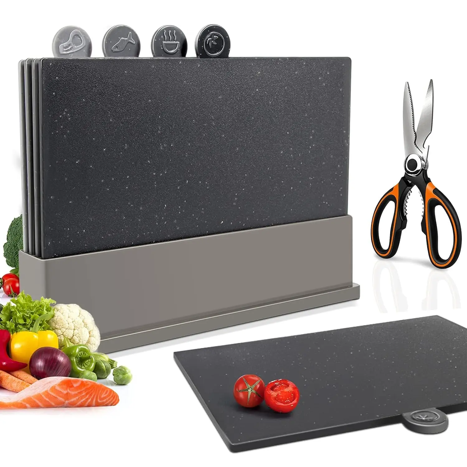 Index Chopping Board Set, 4-Pieces Plastic Cutting Boards With Food Icons And Storage Stand, Bpa Free, Dishwasher Safe, Professional Chopping Board Set For Kitchen, Extra 1 Scissors