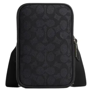 Coach Aden 12 Mini Crossbody Bag for Men – Coated Canvas with Zip Closure and Brand Print, Charcoal and Black