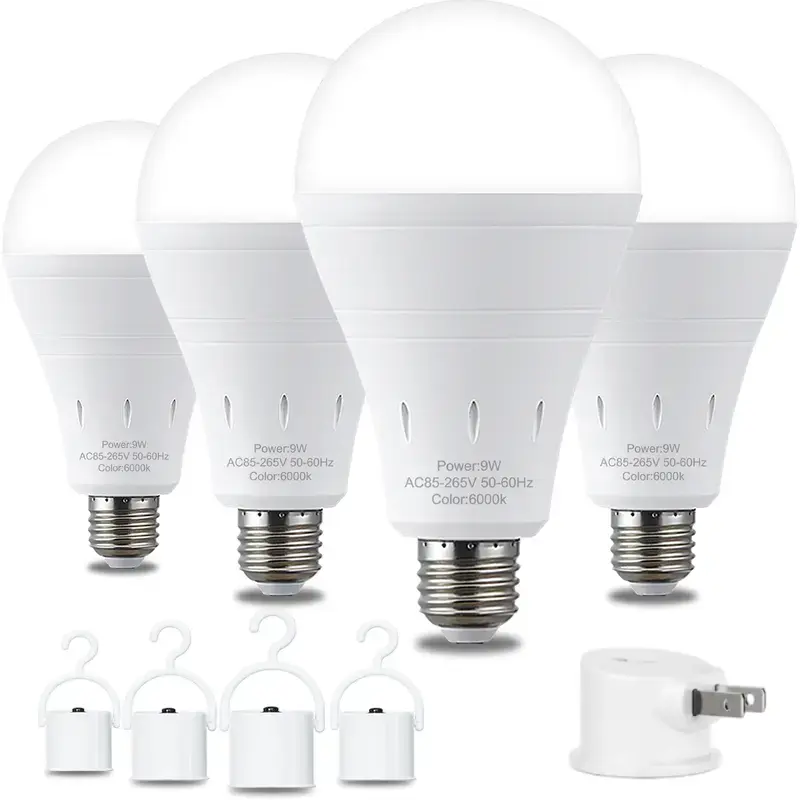 4-Pack Rechargeable Emergency LED Light Bulbs, A19 E26/E27 Base, 12W (60W Equivalent), 6000K Daylight, 120V 1200mAh Battery Powered, Portable Outdoor Hooks, Rechargeable Power Outage Backup Lighting for Home, Camping, Hurricane, Storm Emergency Recharge