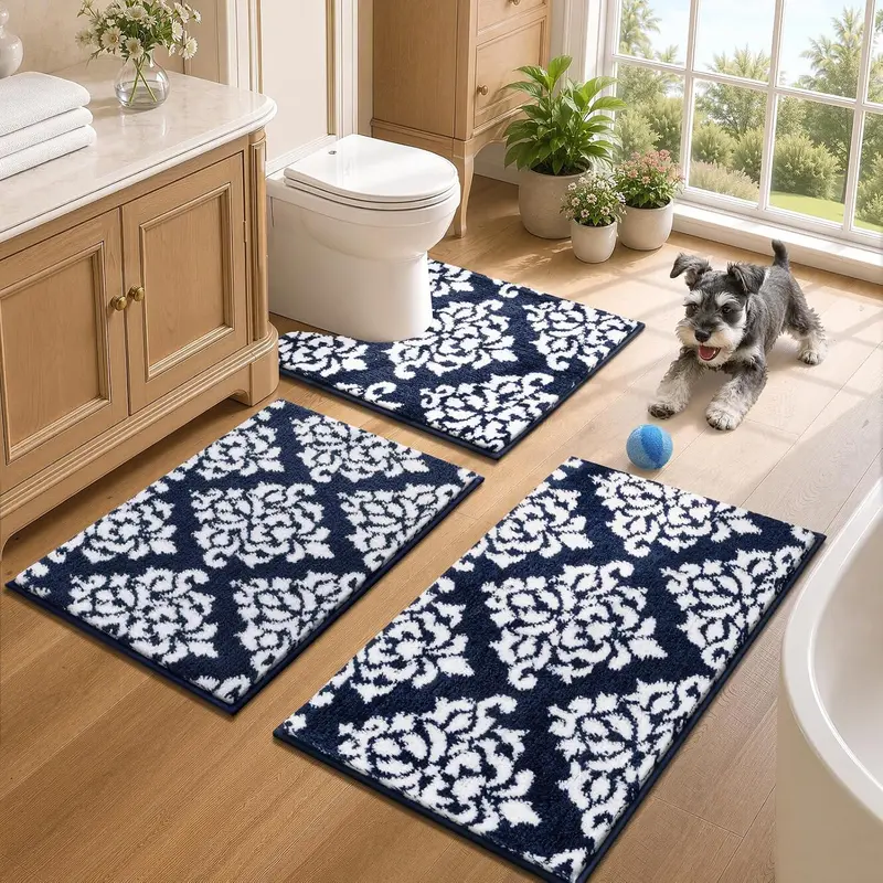 LOKHOM 18"x48" Non-Slip Microfiber Bathroom Rug Sets - Low Pile Water Absorbent Cozy Bathmat, U-Shaped Toilet Mat & Shower Mat, Machine Washable, for Modern Home Decor, Bathroom Mats Non Slip