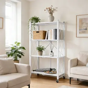 5-Tier Rolling Storage Rack – 49"H Folding Shelf Unit, Heavy Duty Steel, NO Assembly Required, Collapsible Cart on Wheels for Kitchen, Pantry & Basement White