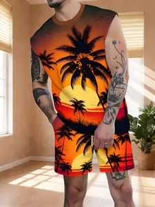 Island Style Men's Beach Tank Top and Shorts Set with 3D Sunset and Coconut Tree Print - Casual and Comfortable, Ideal for Summer Vacations