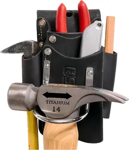 Small Leather Tool Pouch - 5-in-1 Heavy Top Grain Leather Small Tool Pouch with a Steel Hammer Loop, 4 Pockets & Reinforced Heavy Duty Rivets - Fits Belts up to 3" - Handcrafted