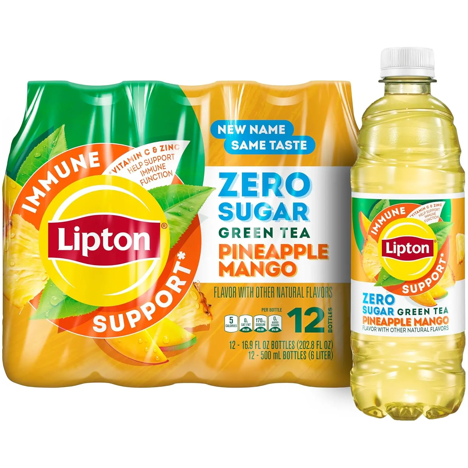 Lipton Immune Support Zero Sugar Iced Tea, Green Tea Pineapple Mango, 16.9 fl oz Bottles, (12 Pack), Vitamin C, Zinc​