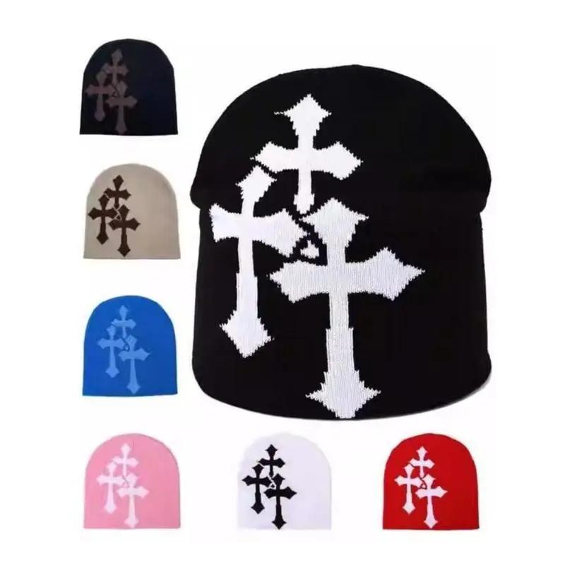 Unisex Cross Print Jacquard Knit Beanie Hat Retro Y2K Street Fashion Colorblock Design Soft Stretch 1 Size Fits Winter Cap for Outdoor Sports Cold Weather Daily Wear