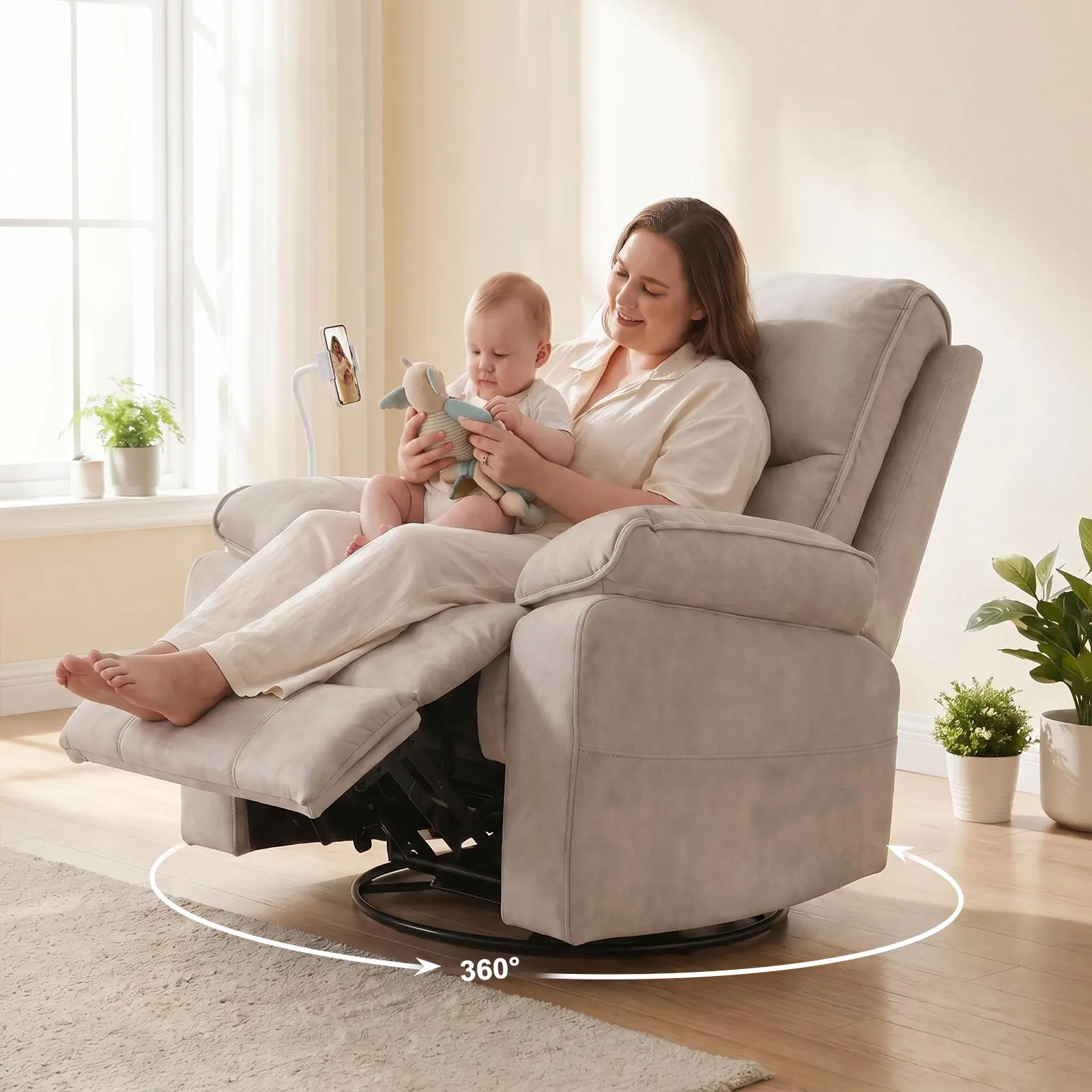 360° Swivel Rocking Chair | Cozy Velvet Recliner with Phone Holder & Oversized Backrest