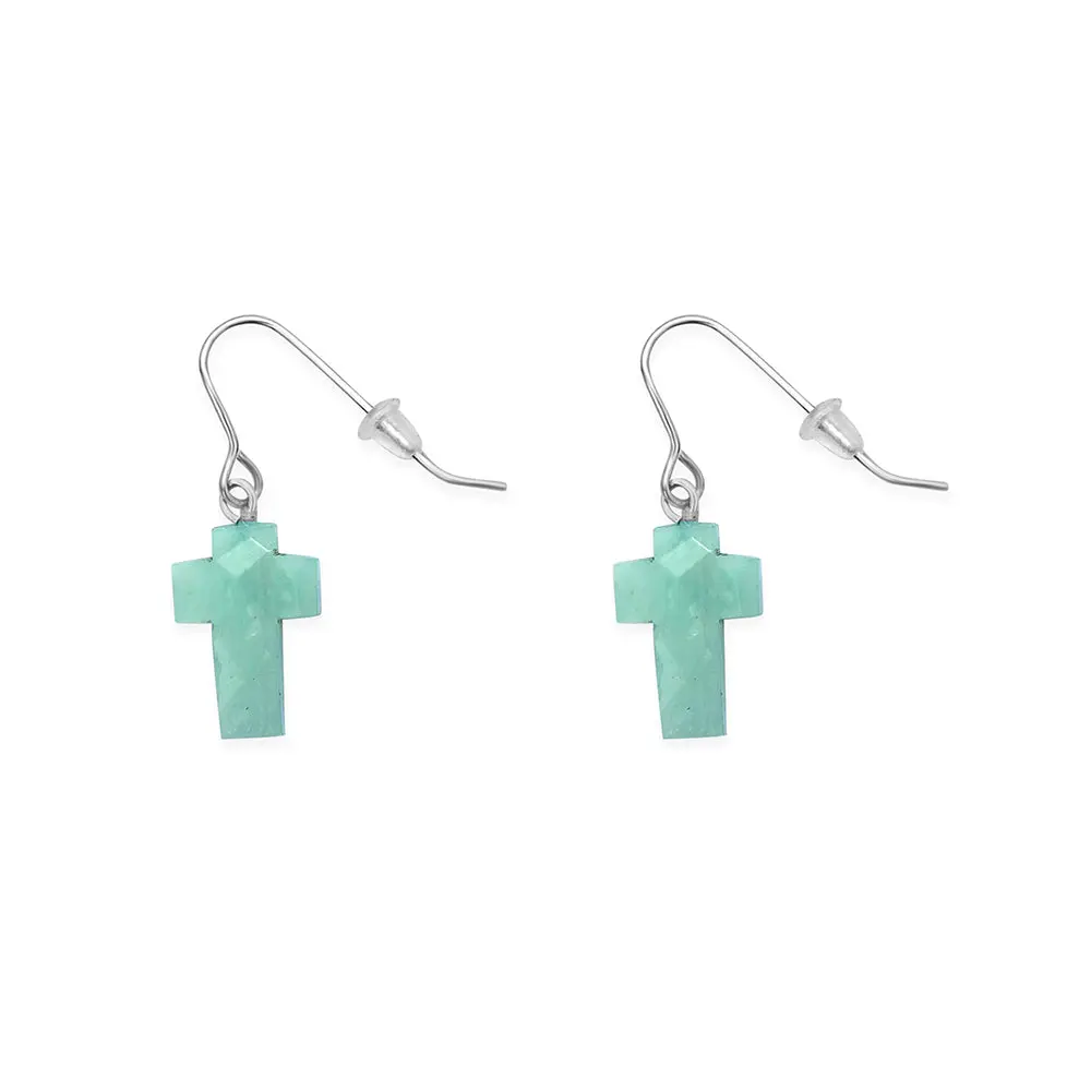 Women's Elegant Natural Amazonite Cross Drop Earrings - 0.50-Inch Petite Stone Dangles with Ear Hook Design for Daily Wear