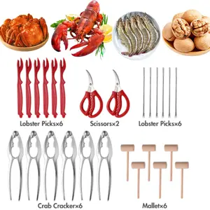 26PCS Seafood Tools & Nut Cracker Tool Set, with 6 Crab Crackers & 6 Shellfish/Seafood Forks & 6 Plastic Lobster Shellers & 2 Seafood Scissors & 6 Crab Hammers