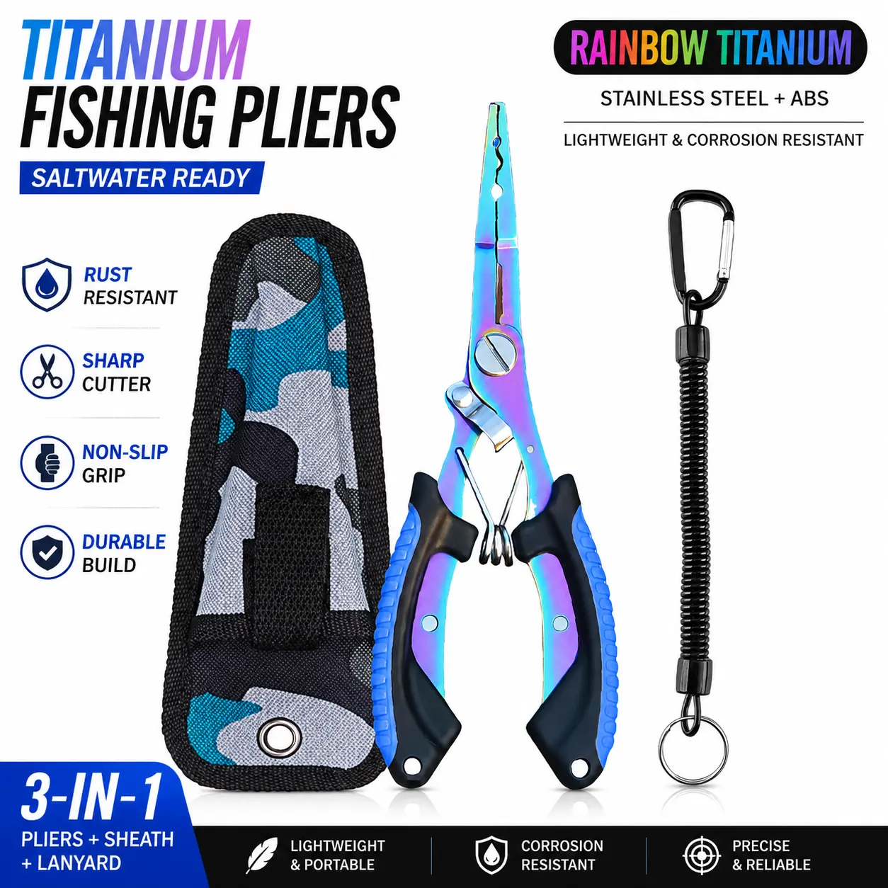 16.5cm Functional Fishing Pliers - Rainbow Titanium Coated, Spring Loaded with Safety Lock, Long Nose Hook Remover, Braid Cutter, Split Ring Tool, 1-Handed Operation, Lanyard & Sheath for Freshwater & Saltwater Fishing PE Line, Hook Removal