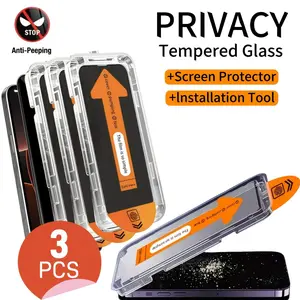 3-Pack Privacy Tempered Glass Film Protector for iPhone 17 Pro Max/17/16 Pro Max/15 Pro Max, Hardness 9h+, Ultra HD, Anti-Scratch, Fingerprint Resistant, Installation, Cellphone, Protection, Smartphone, Accessories