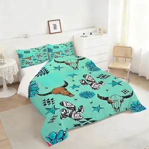 Turquoise Southwestern Comforter Set, Vibrant Bull Skull & Cacti Print Bedding Set, Stylish Geometric Patterns, Perfect for Cozy and Chic Bedroom Decor, Includes 1 quilt, with 1 or 2 Pillowcase No Pillow Core