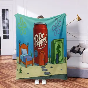 Dr. Pepper Spongebob Bikini Beach Fun Blanket, Flannel Throw for Anime Fans, Lightweight Home Decor, Perfect Gift for Friends and Family, Flannel Cozy Blanket